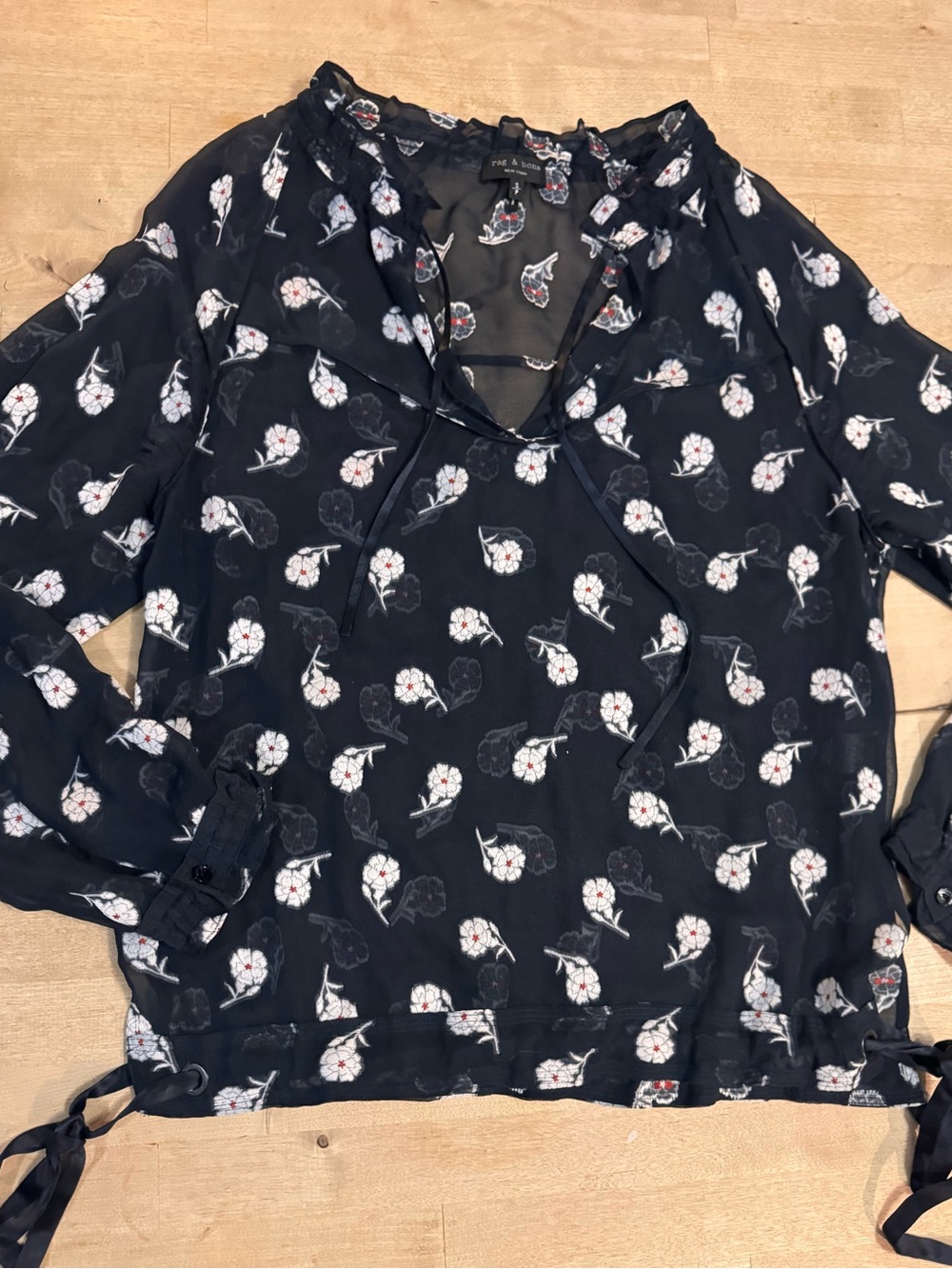 rag & bone The Bennet silk Black Sheer Floral Tie-Neck Blouse - Picture 6 of 10